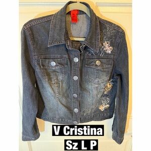 V Cristina Women's Blue Jean Embroidered Button Down Jacket